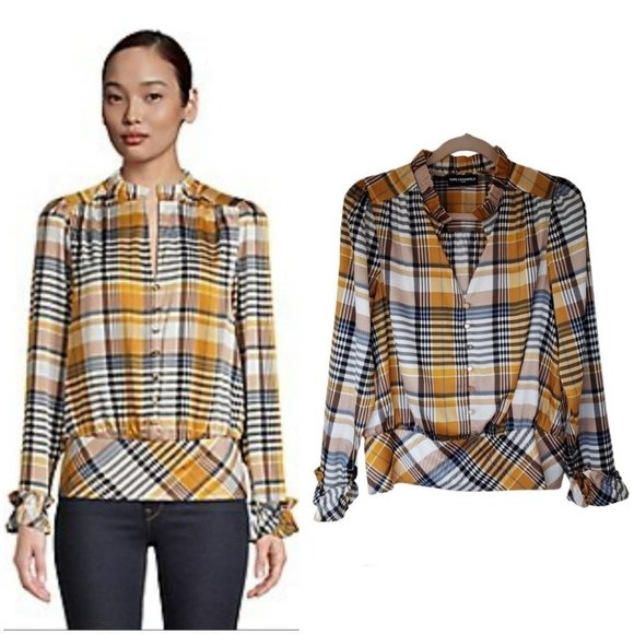 Karl Lagerfeld plaid smocked ruffled blouse yellow and blue - Picture 7 of 8